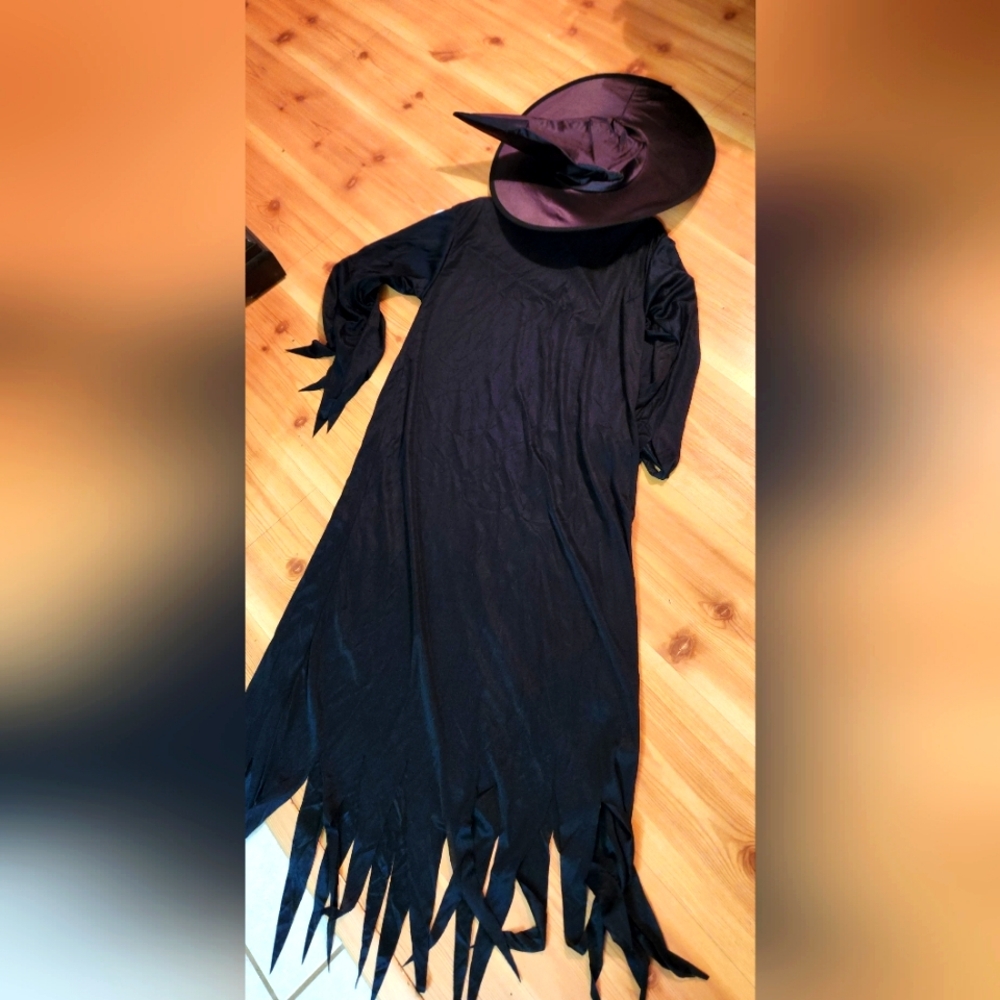 Halloween 2pc. Costume: Witch Dress & hat LARGE Black Tattered Witches Dress